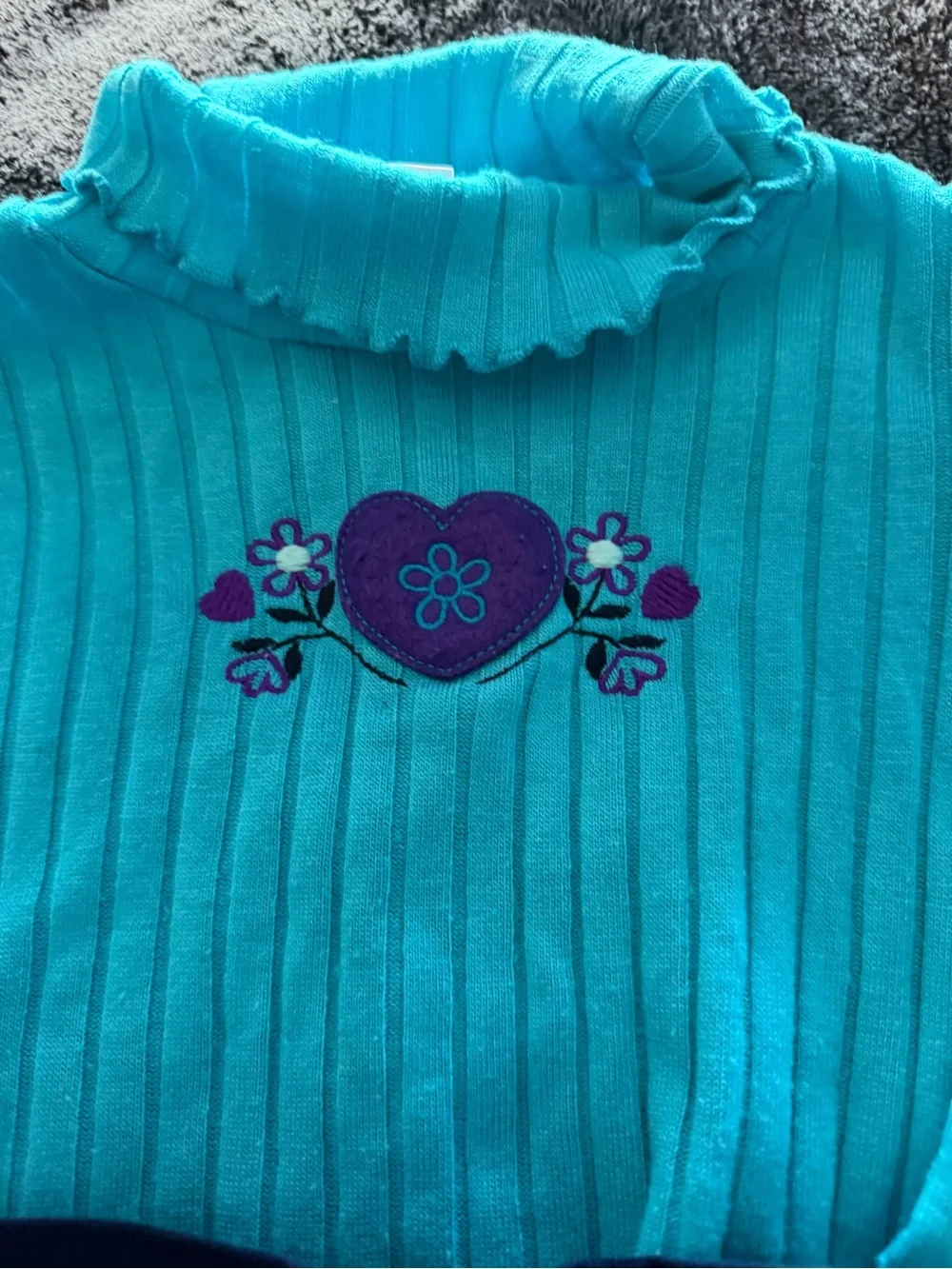 Child’s Turquoise Knit Ruffle-Neck Top with Playful Patchwork Skort/stockings